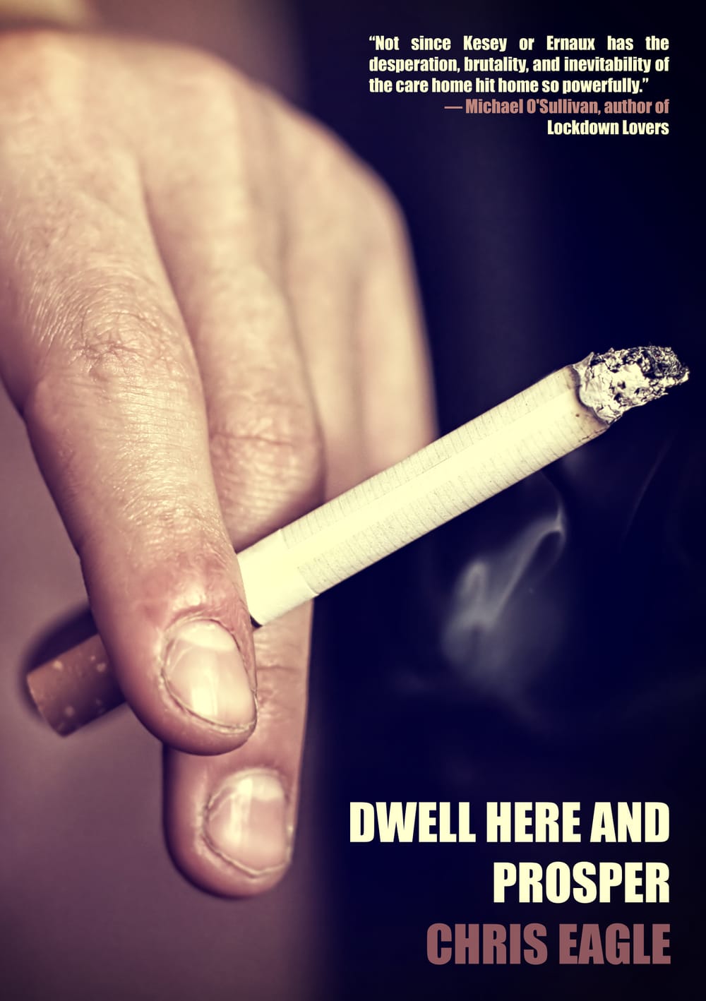 Book cover: title & author appear in bottom right corner over a close-up photo of a hand holding a lit cigarette.