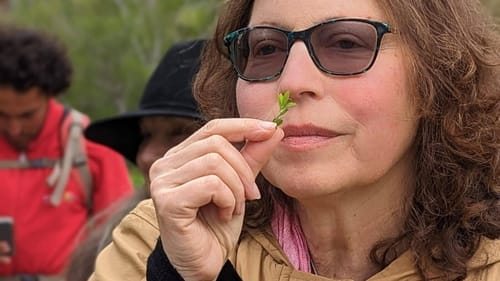 Close-up on Gabby, a white woman in her 50s outdoors with a peaceful expression. She holds a green twig up to her nose.