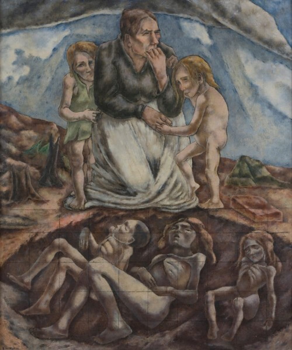 Above, an unhappy woman kneels with two barely clad children; below, 3 tortured gray starved corpses in a hole in the ground