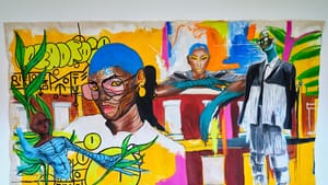 A stylized illustration blending plant life, rowhomes, images of Black people, graffiti