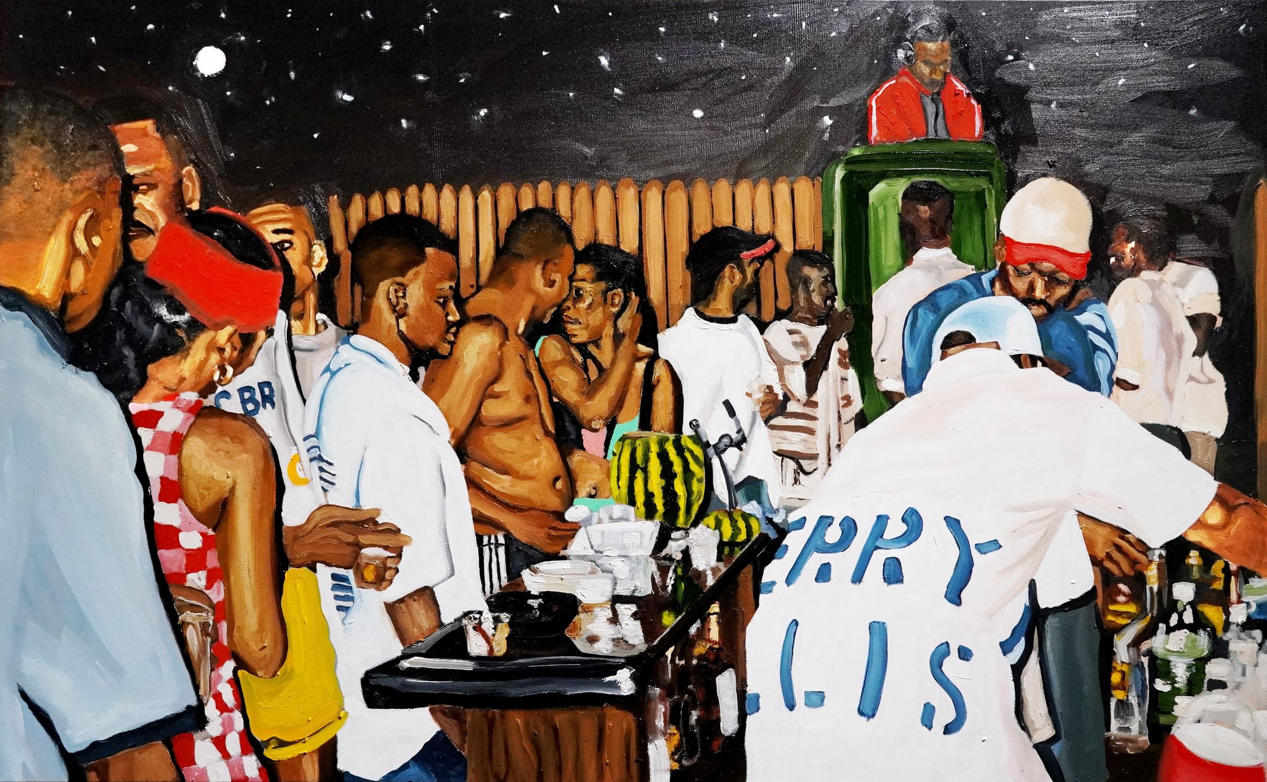 Dynamic painting of an all-Black party that looks like a bar and a DJ in a fenced backyard with starry night above