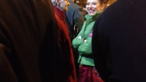 Actress Rebecca Gibel joined both the audience and the cast outside the Arden Theatre when the fire alarm went off. (Photo by Naomi Orwin)