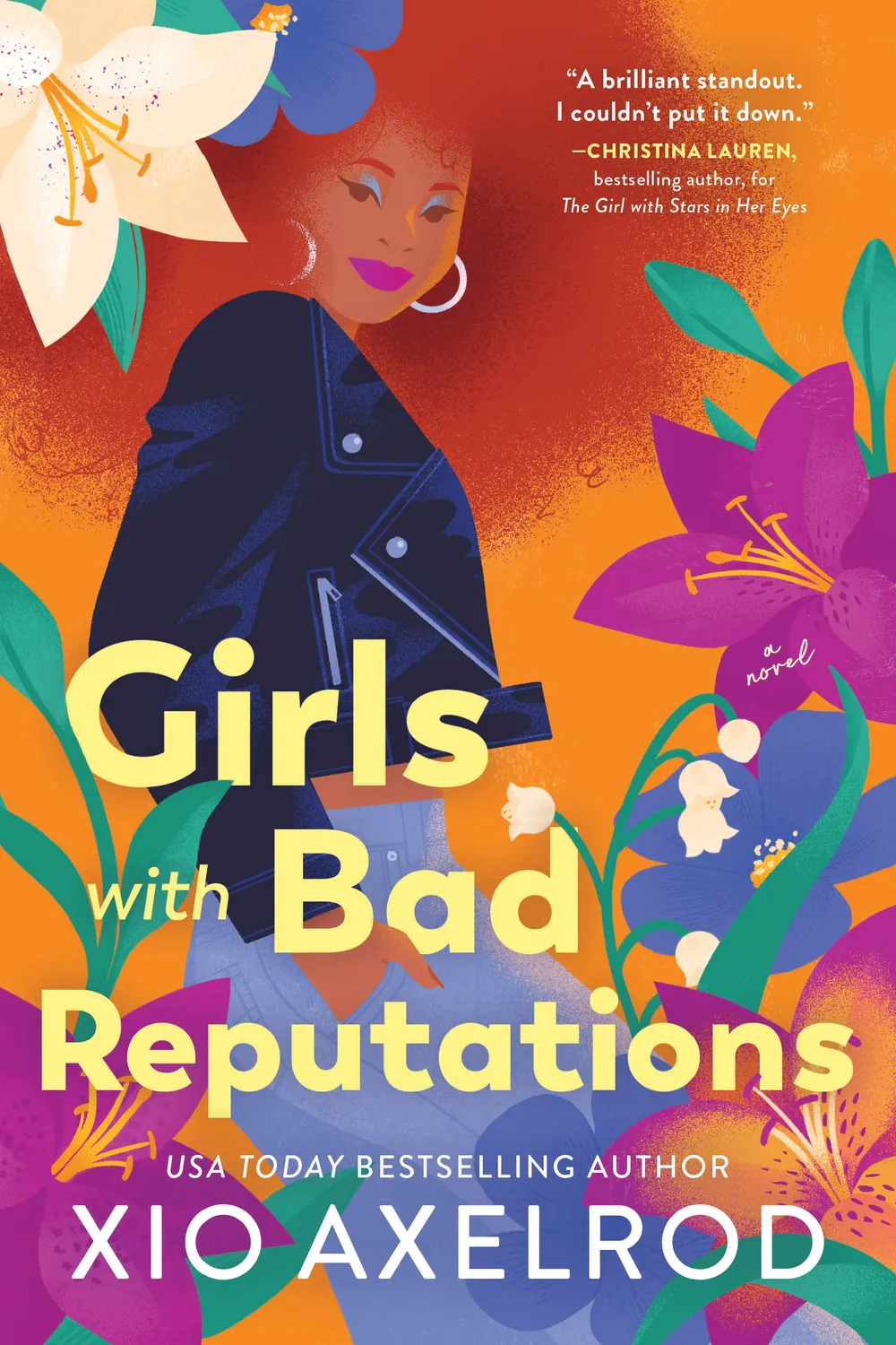 The book cover. Title & author below a colorful illustration of a Black woman with a red afro striding through giant flowers.