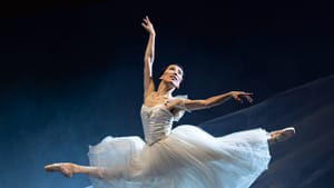 Portrait shot, ballet dancer in a mid-air split, arms extended at 12 and 3, white chiffon fabric behind her