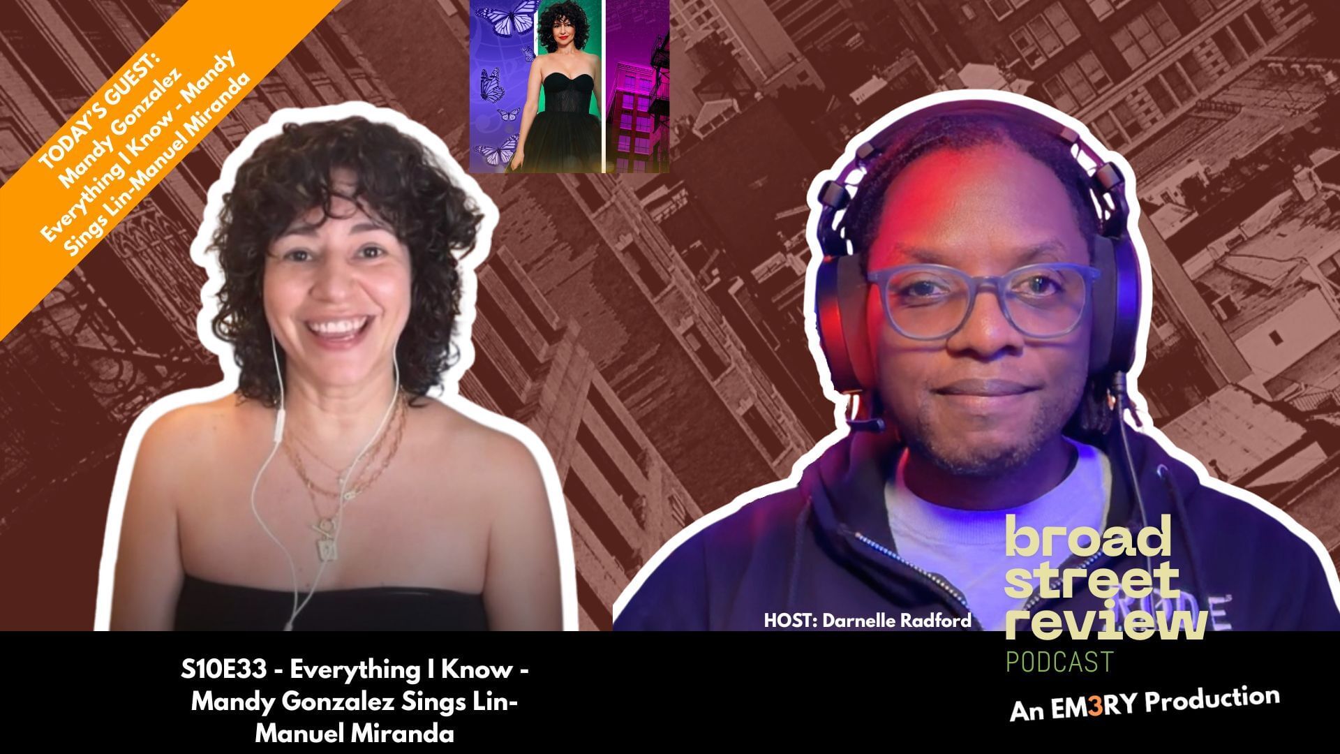 Collage of Mandy and Darnelle smiling in their virtual interview, against a cityscape background.