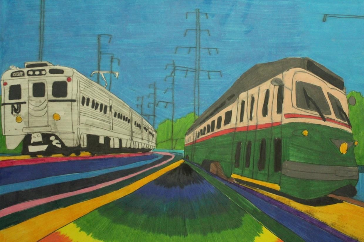 Pulsing with the energy of transit: Geraldo Gonzalez’s 2019 ‘NJ Transit Train and SEPTA PPC Trolley.’ (Image courtesy of Delaware Division of the Arts.)