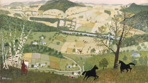 A Grandma Moses work shows rolling hills crisscrossed by woods and farms, like a quilt, and 2 black horses in the foreground