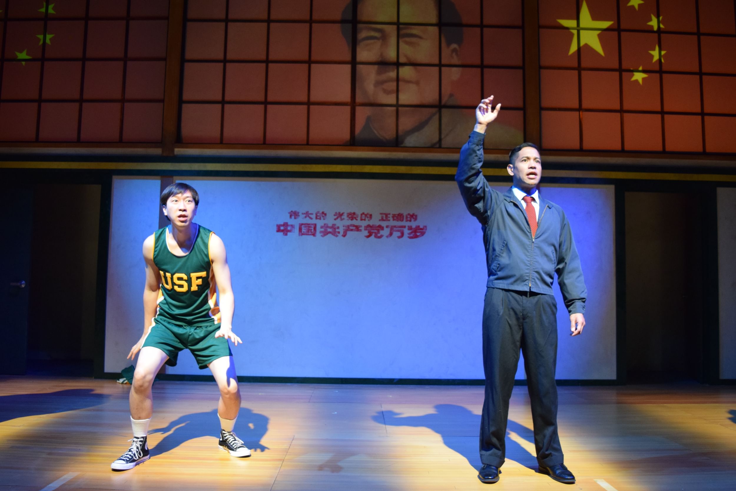 Proving himself to a calculating coach: Richard Chan and Justin Jain in ‘The Great Leap.’ (Photo courtesy of InterAct Theatre Company, 2019.)