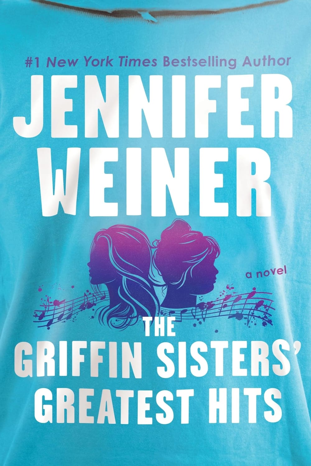 Book cover: Author & title in white letters above a purple illustration of the sisters back-to-back wrapped in music notes