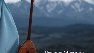 Book cover. Title in black over mountain landscape and a blue-clad person holding a lute-like instrument in the foreground.