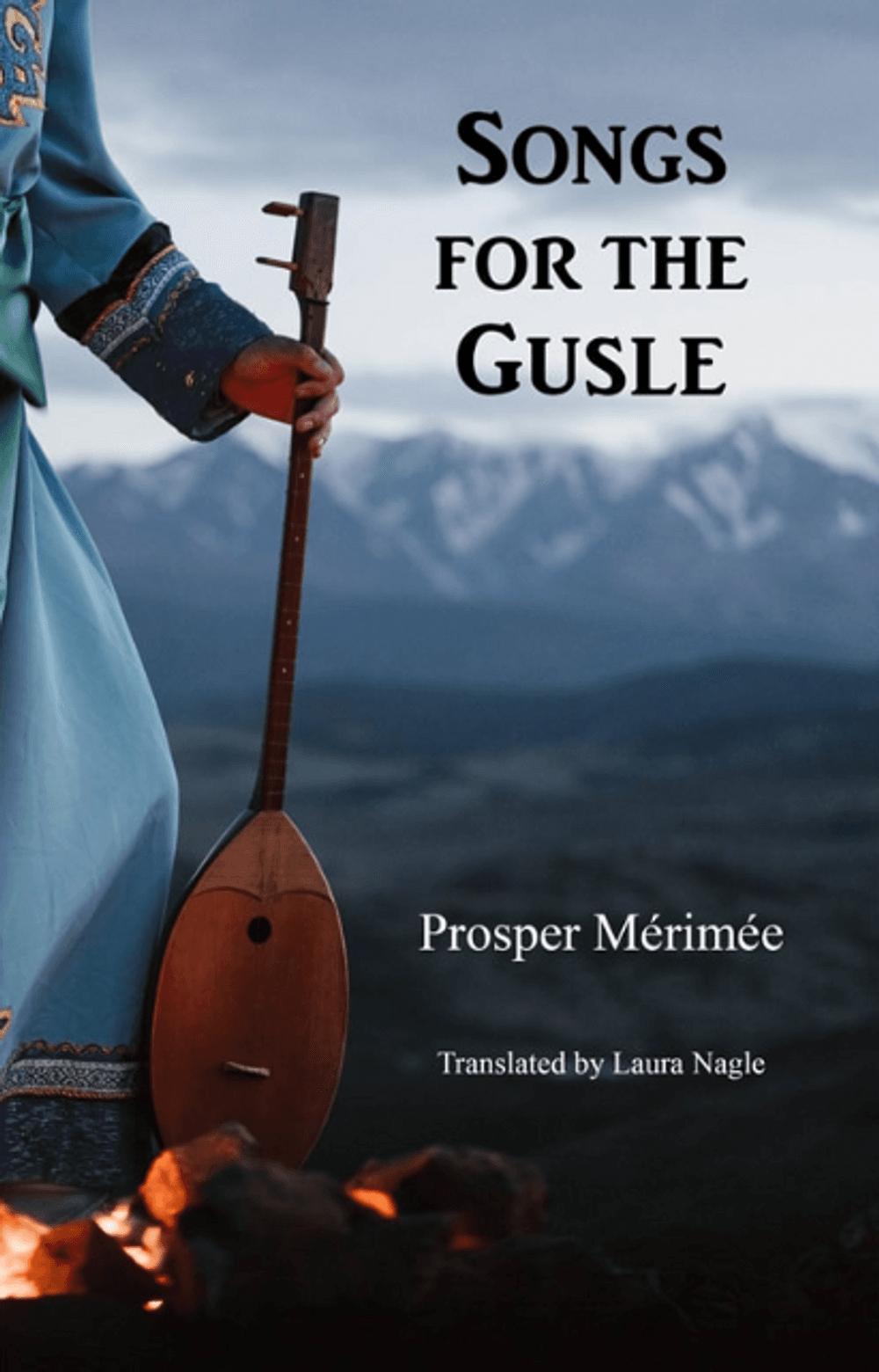 Book cover. Title in black over mountain landscape and a blue-clad person holding a lute-like instrument in the foreground.