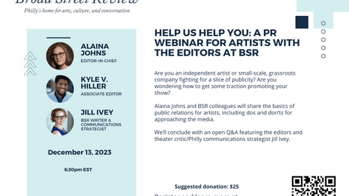 Flyer for the Dec 13 6:30pm EST HELP US HELP YOU: A PR webinar for artists with the editors at BSR