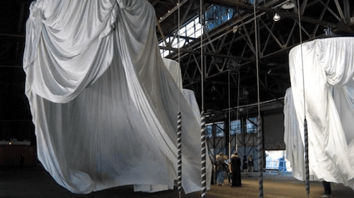 Pulling on the bell cords causes the long curtains to rotate and billow. (Photo by Pamela J. Forsythe)