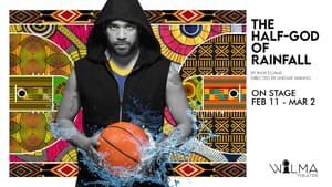Show logo: A hooded Black man holding a water-splashed basketball superimposed on colorful West African-style patterns.