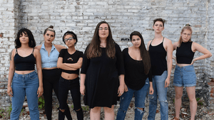 The ensemble of 'Hear Me War' prepares for battle. (Photo courtesy of the Philadelphia Women's Theatre Festival.)