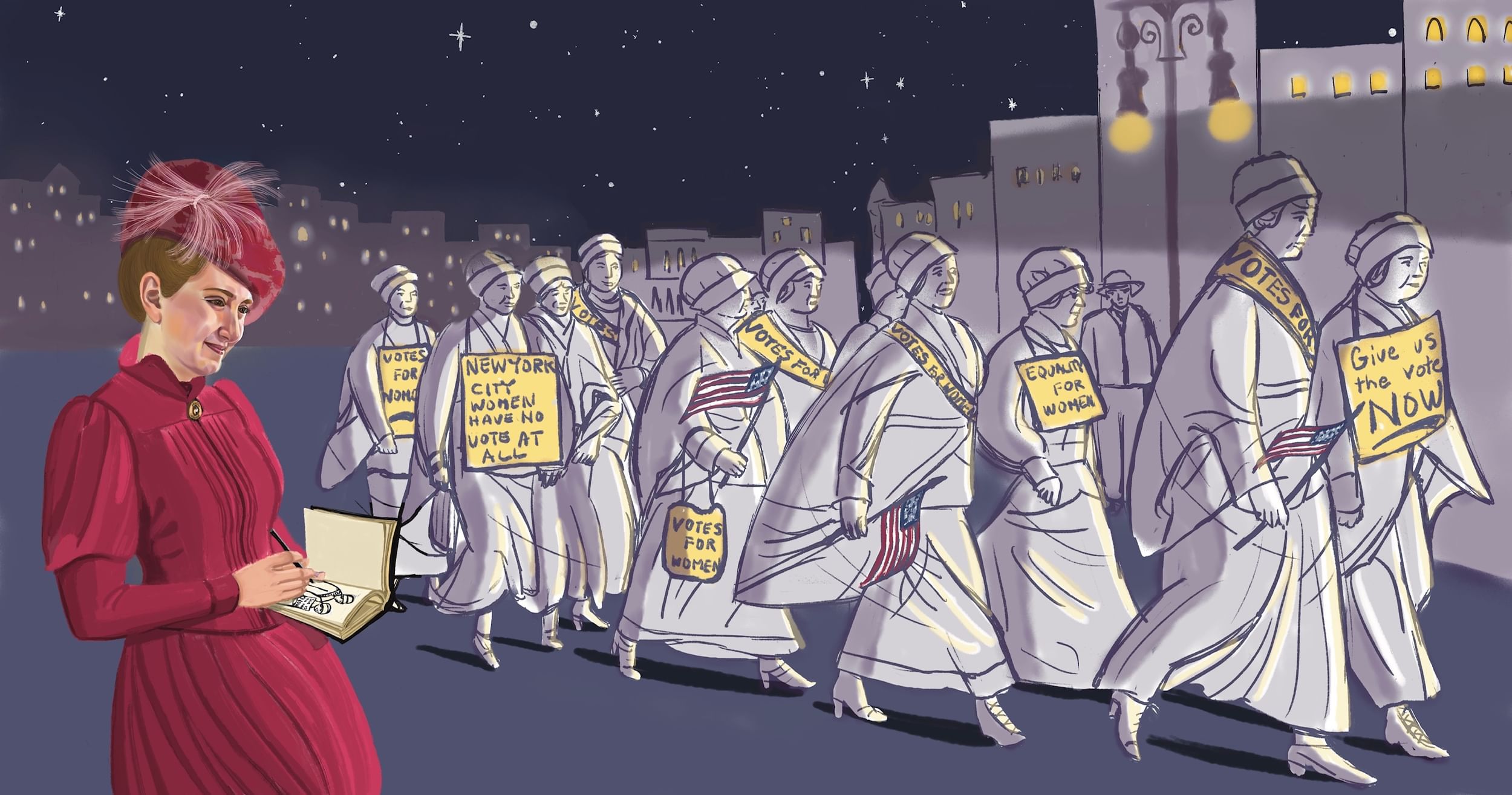 Illustration of women parading in silver robes with politically charged signs. A woman in red to their left observes, writes