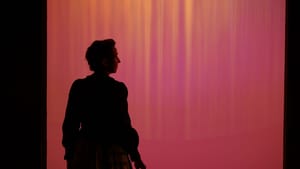Sieh, her back to the camera and her face in profile, appears in silhouette against a shimmering peach-gold backdrop.