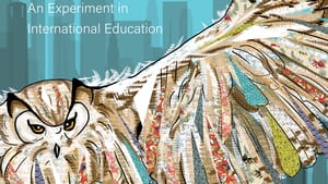 Book cover: with red bars above & below, the focal image is a collage-like illustration of an owl in flight.