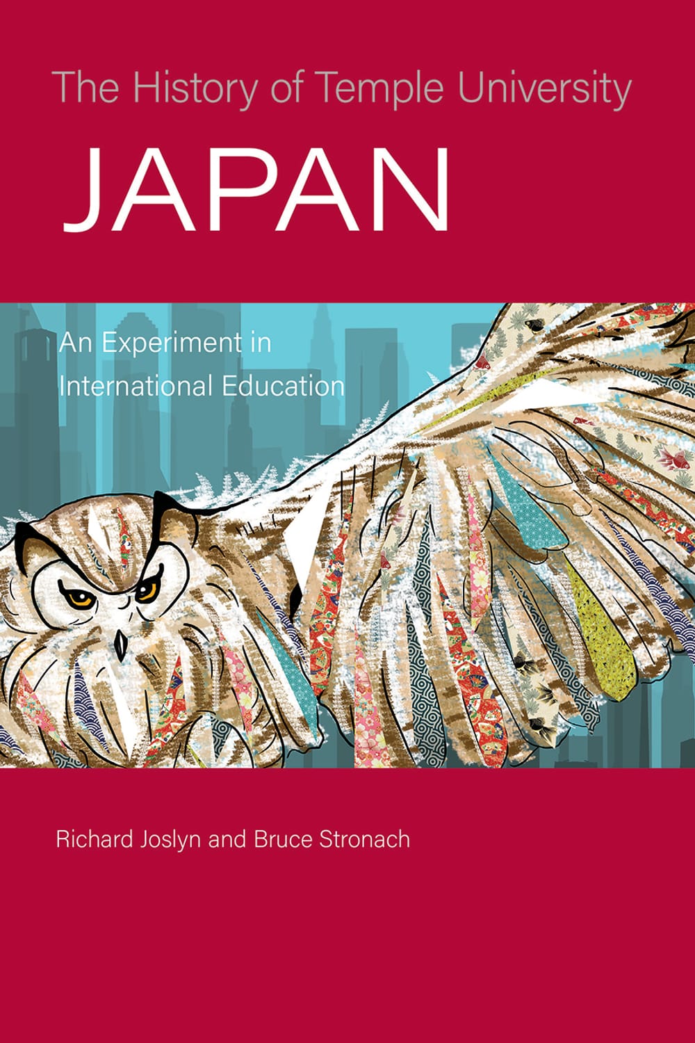 Book cover: with red bars above & below, the focal image is a collage-like illustration of an owl in flight.