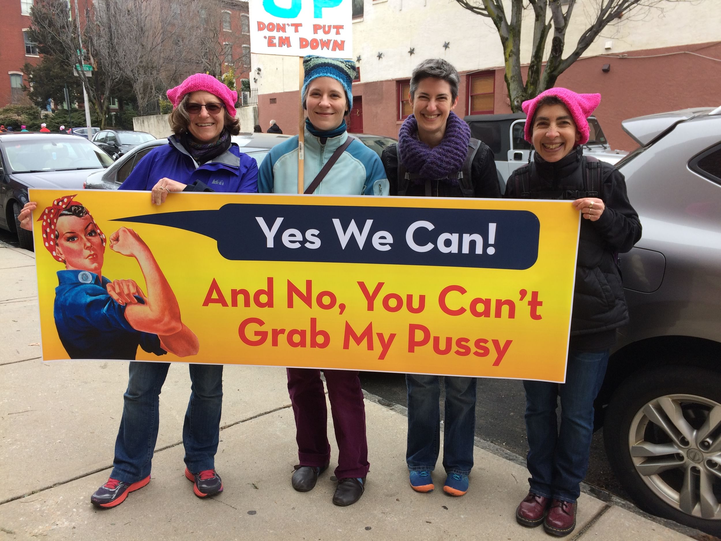 The author, right, with her partner Elissa Goldberg and friends at the 2017 Women’s March. (Photo courtesy of Anndee Hochman.)