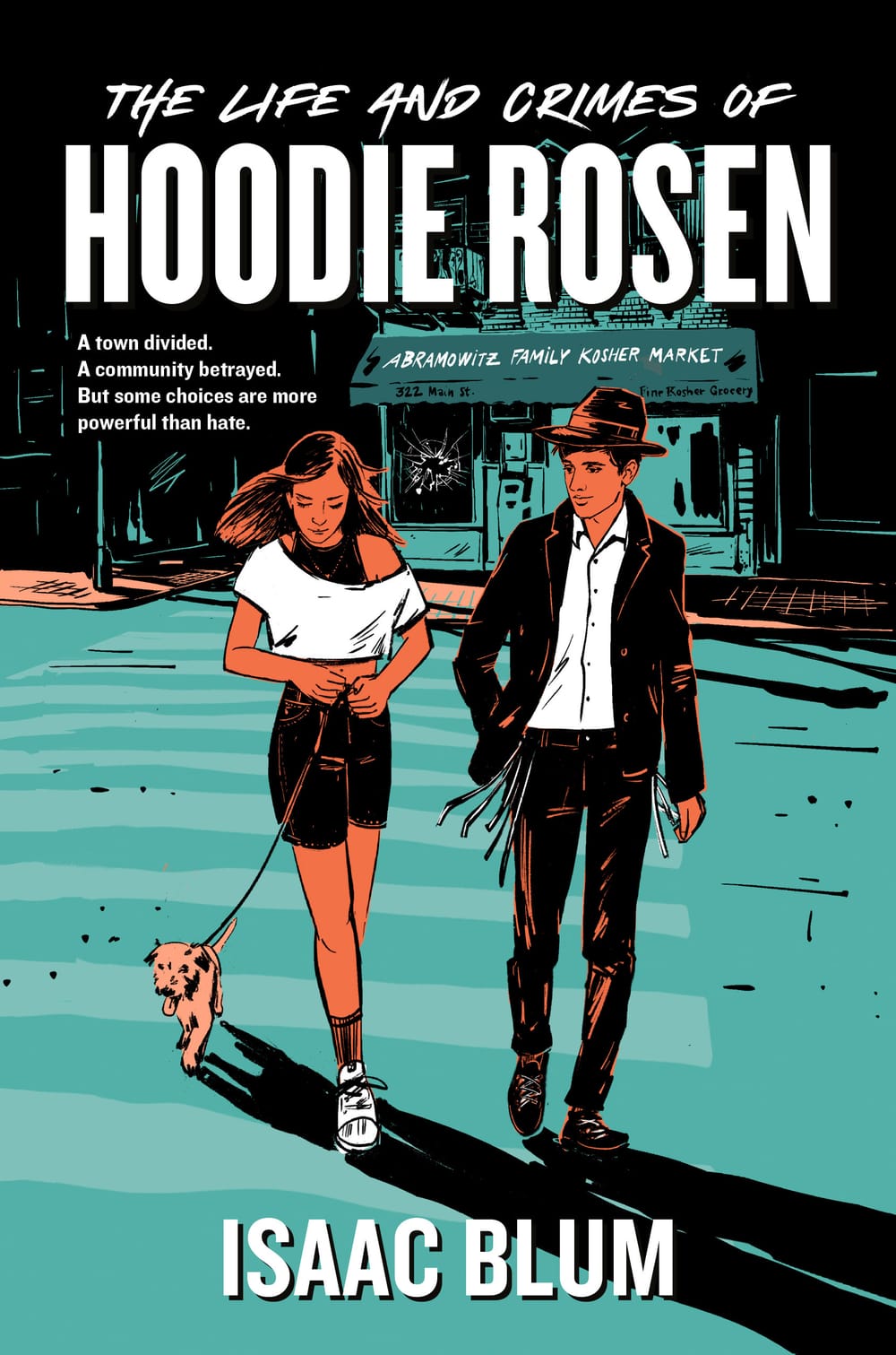 Book cover: title in white above a stark orange & blue illustration of a boy in a hat & girl with a tiny dog in a crosswalk