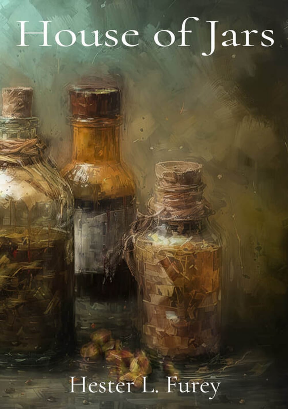 Book cover: title at top in white, over an impressionistic, atmospheric painting of three antique jars.