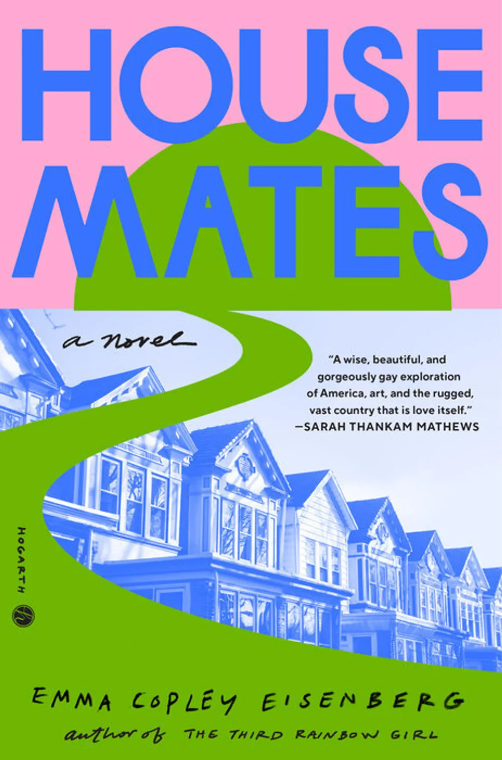 Book cover. Title above in blue, over a graphic of West Philly rowhouses & a green shape like a path leading to a rising sun