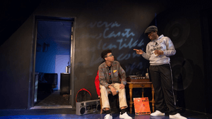 Hank (Jerrick Medrano) and Selector (Zoe Richards) bust out the Biz. (Photo by Johanna Austin/AustinArt.org)