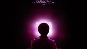 Title and promo quotes appear in neon light-purple over a dark field, with a person silhouetted against a static-filled TV