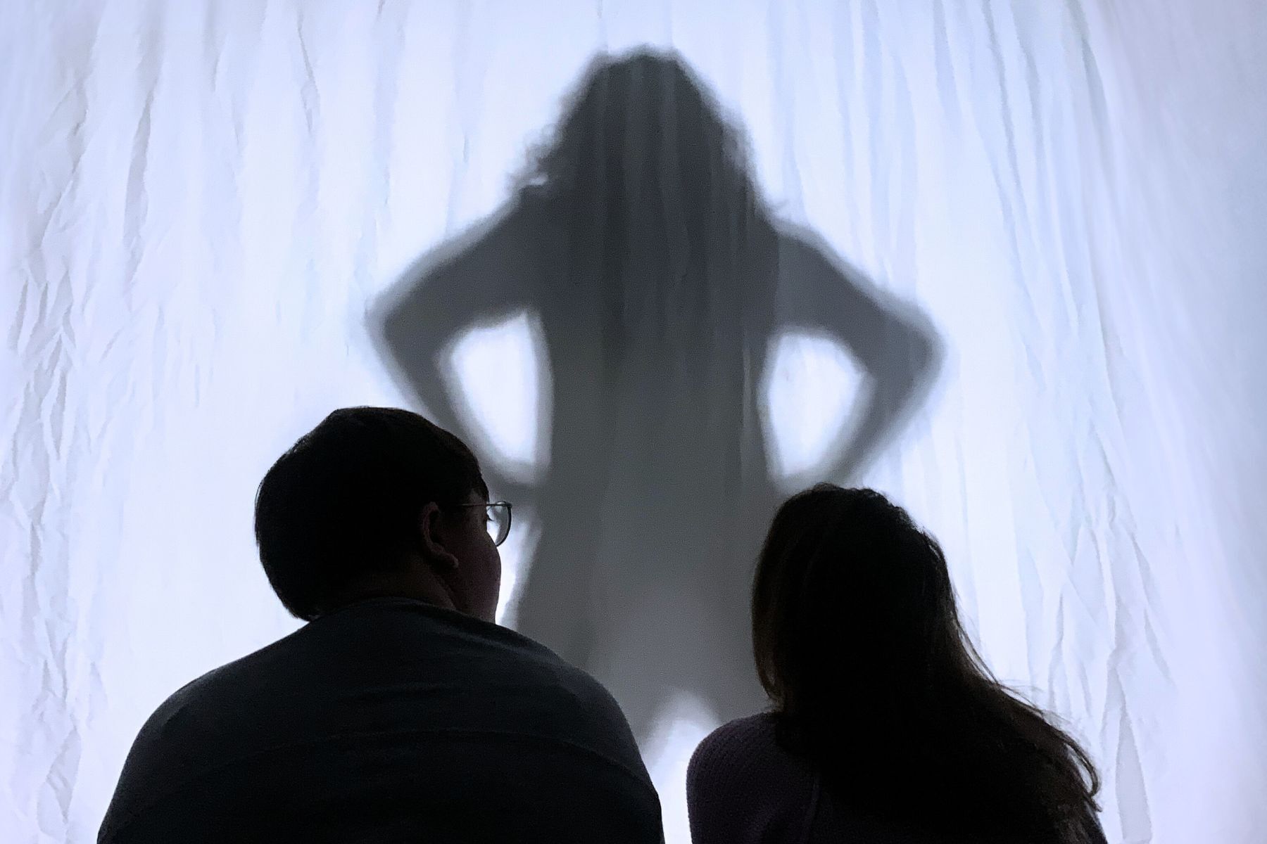 A shadow of Peter Pan, hands on hips, at center, with the two others shown from the shoulders up in silhouette at front