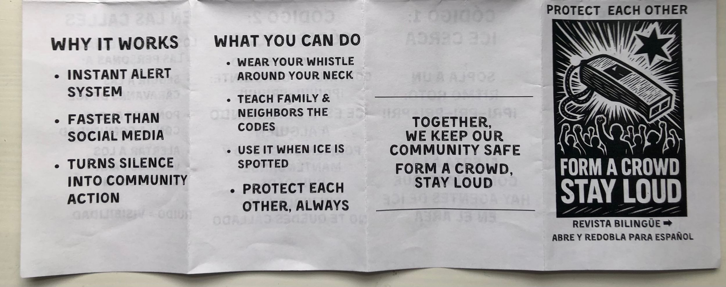 An unfolded pamphlet promotes quickly making noise when you sight ICE officers, to keep the community safe.