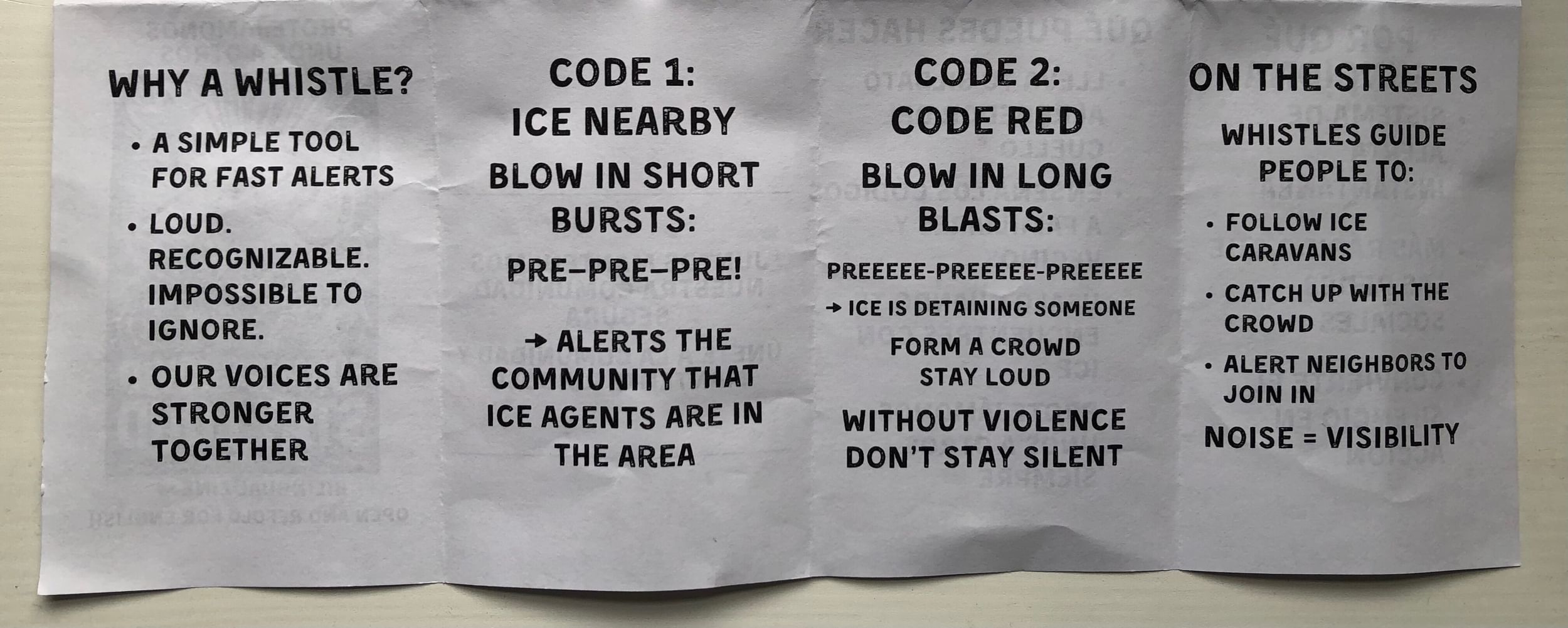 An unfolded pamphlet says to blow a whistle in short bursts when ICE is nearby, & long blasts when someone is being arrested