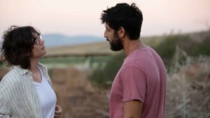 A man and a woman with dark, scruffy hair and casual clothes face each other soberly in a rural outdoor area.