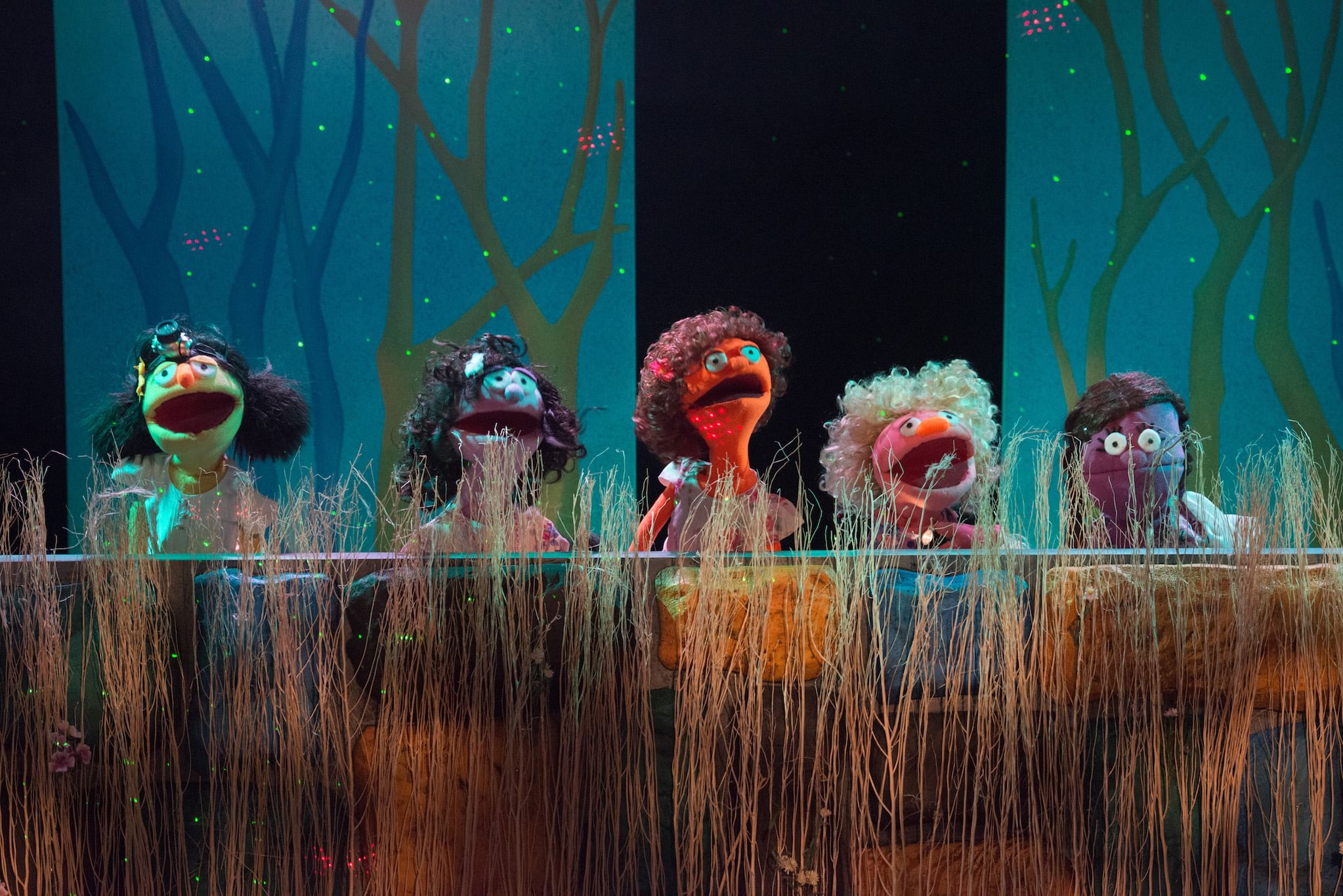 Isabel’s sixth-grade class, with puppets designed by Mark Williams. (Photo by Johanna Austin at AustinArt)