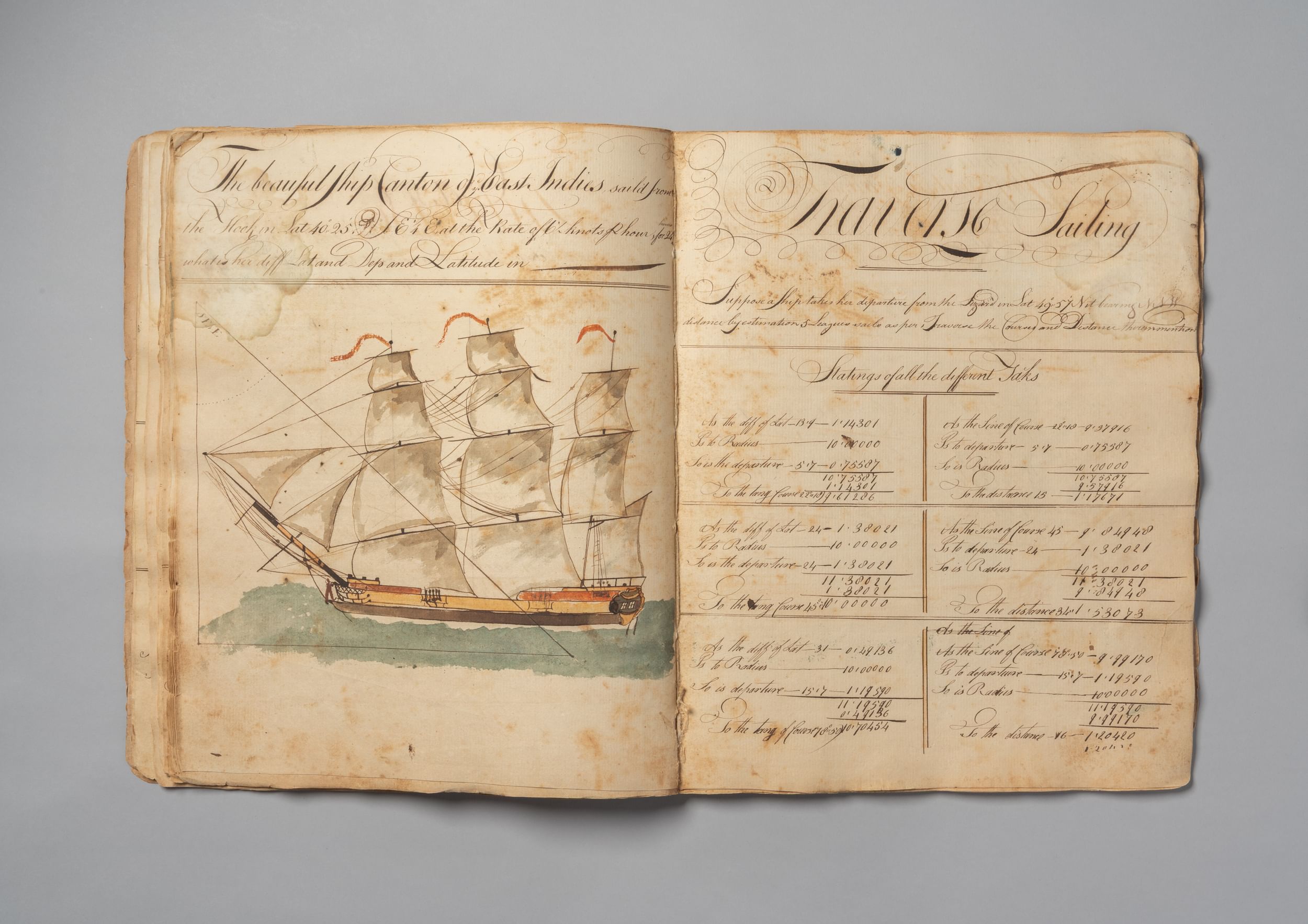 View of open 1799 book, brown with age, pages covered with a watercolor of a ship at left, and dense cursive writing at right