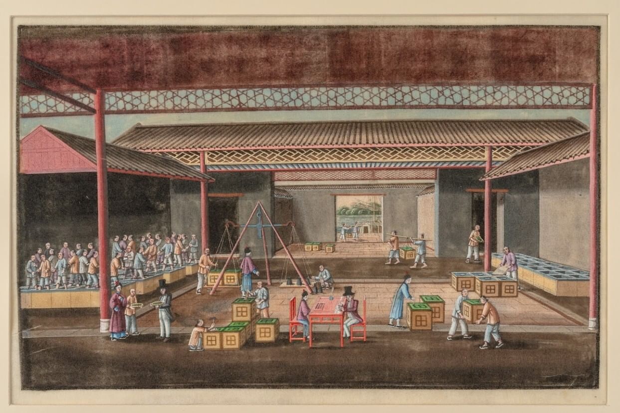 Historic illustration of a large building interior with dozens of Chinese people working inside and two men in black top hats