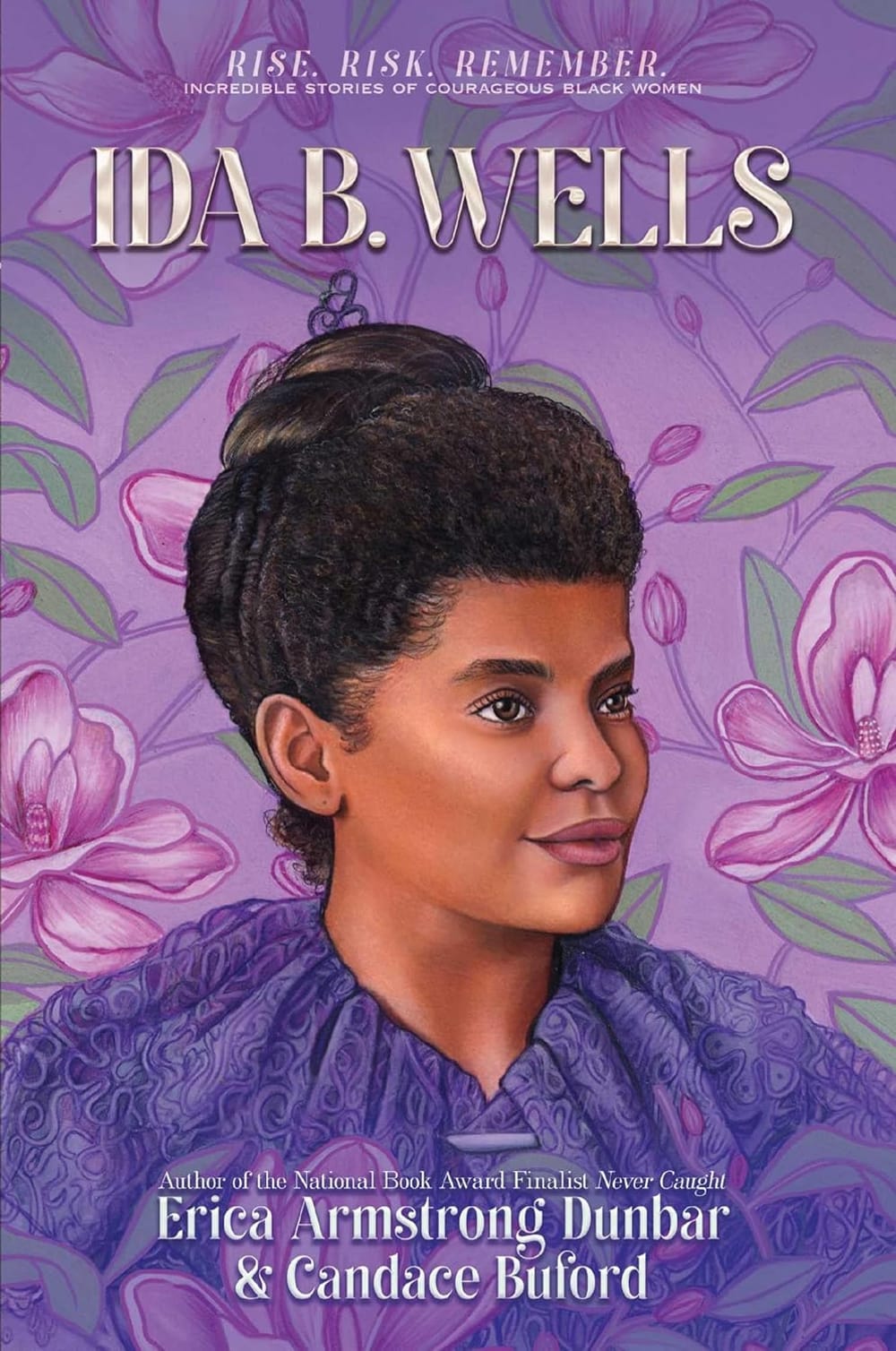 The book cover. Title above in white script, with a smiling portrait of a young Wells on a floral purple background