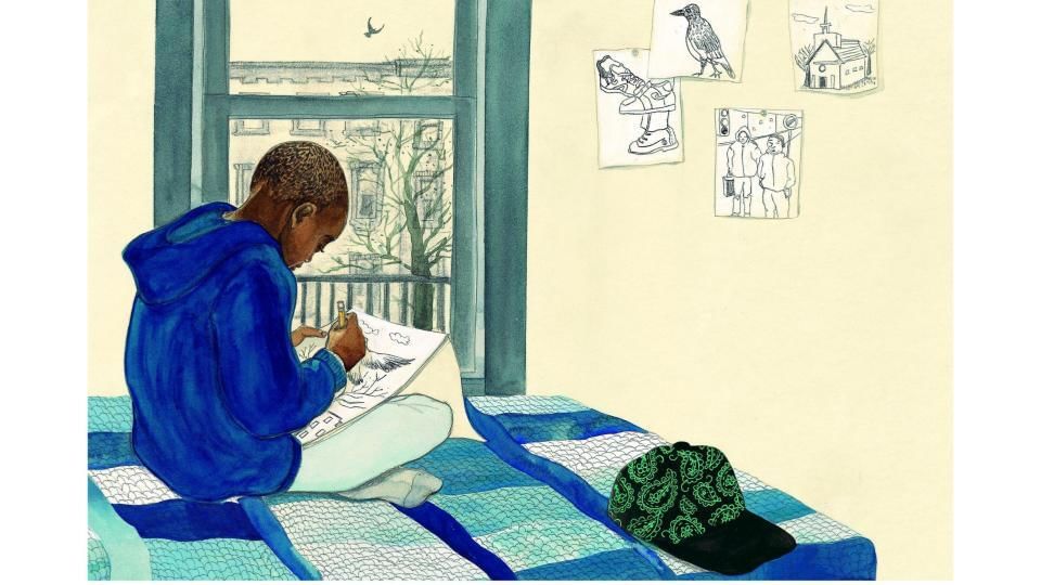 Calm & vibrant painting of a Black boy in a blue hoodie, happily focused on drawing while sitting on his blue bedspread.