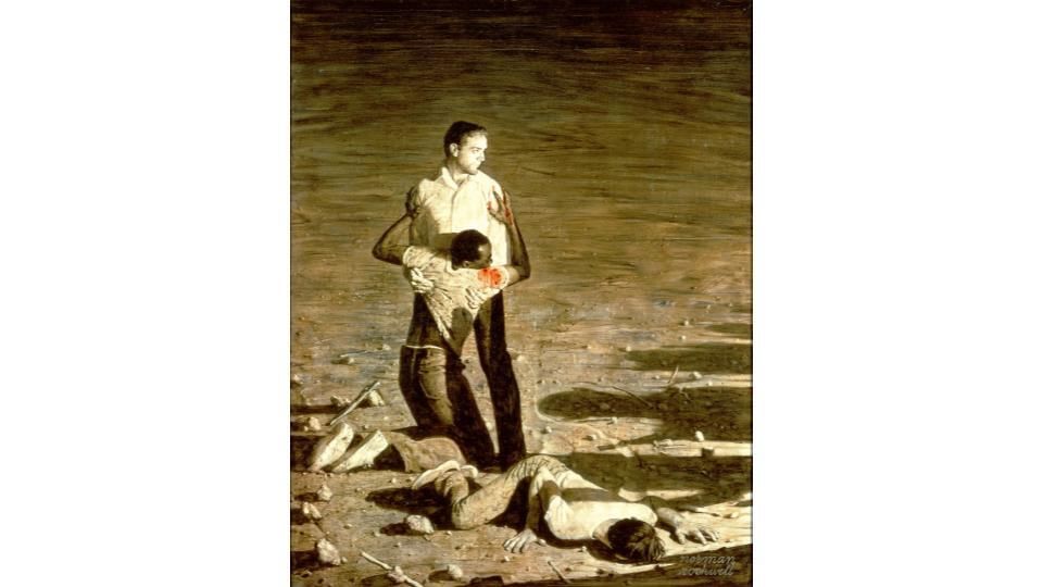 Stark painting of a white man holding a slumping, bloody Black man, facing the shadows of their advancing unseen assailants.