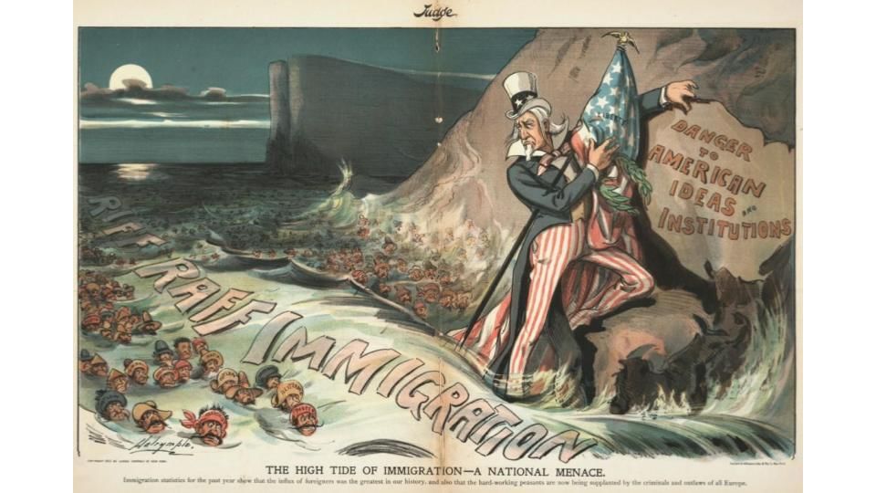 Vintage color illustration of a giant, fearful Uncle Sam clutching a US flag while an ocean of immigrants sweeps toward him