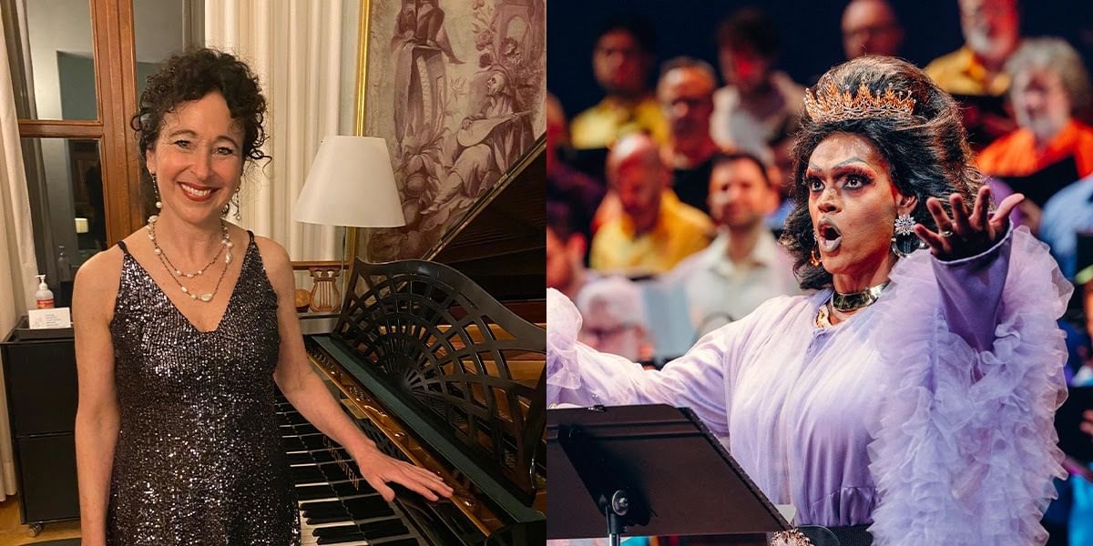 Clearfield stands by a grand piano in formalwear. DiOrio in a photo, arms up at a conductor’s podium, looks to be singing