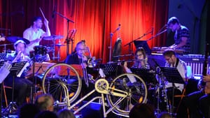 The bicycle is ready for action in “Improvised Concerto for Bicycle, Prerecorded Tape and Instrumental Ensemble.” (Photo by Nicoletti.)
