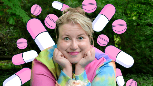 Grayce, a white woman with blond hair and tie-dye top, poses outside with illustrated pink & white pills around her head