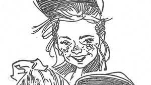 Pen-and-ink caricature of three smiling girls with flowing hair, heads bobbing in a triangular composition.