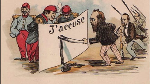 An 1899 postcard depicting Zola's famous article for the newspaper 'L'Aurore,' "J'Accuse."