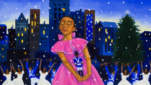 Rich pinks and blues bring James Ransome’s ‘The Nutcracker in Harlem’ to life. (Image courtesy of the Brandywine River Museum of Art.)