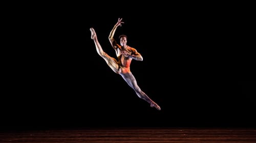 Dancer Jermel Johnson leaps high on a dark stage, wearing a multi-colored bodysuit.