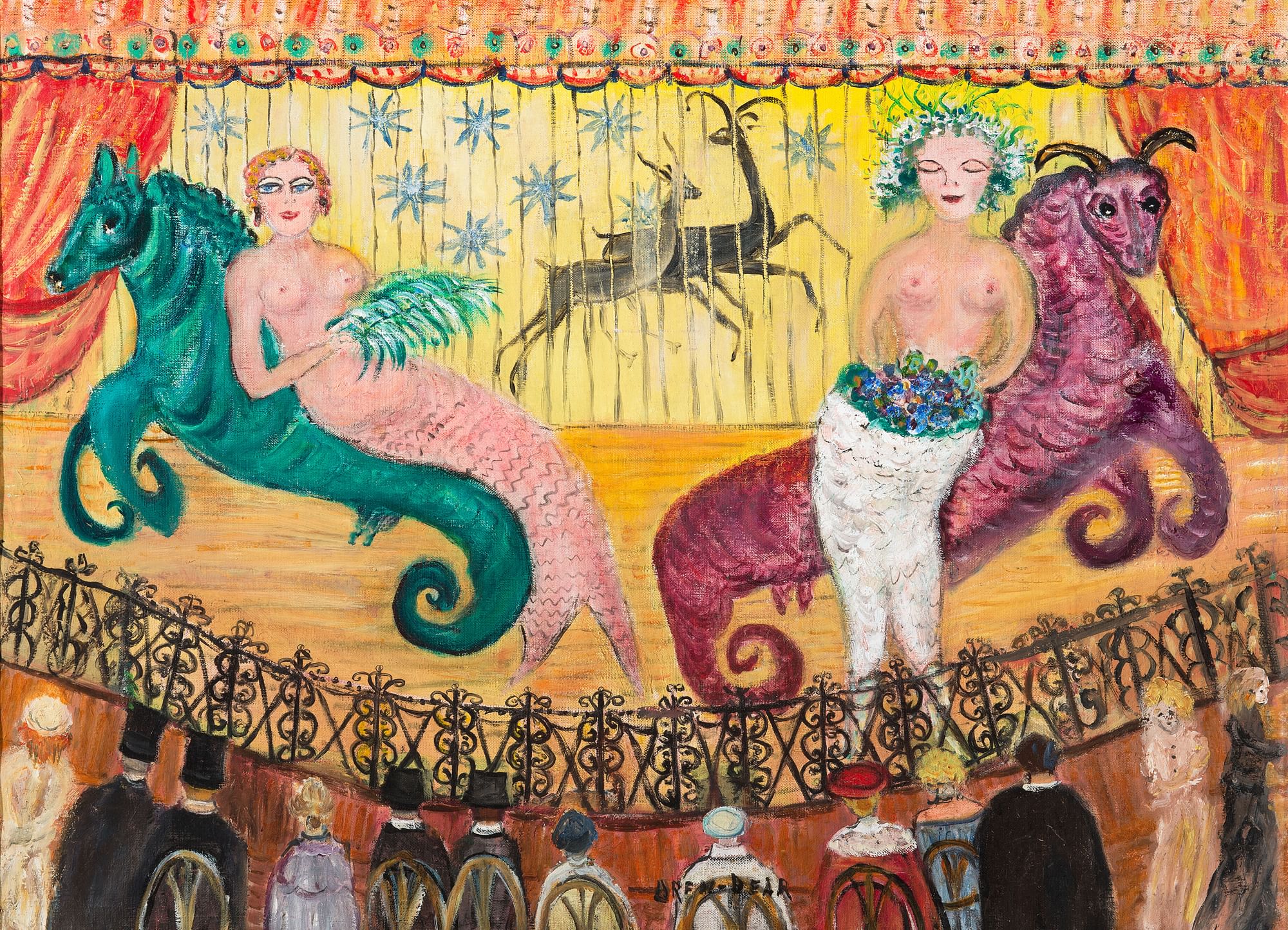 Bright colors, textured surfaces, and surreal situations typify Drew-Bear’s art. ("Untitled [Mermaid Show]," date unknown, courtesy of the Drew-Bear Family.)