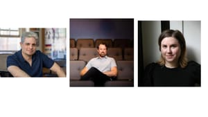 Collage of headshots of the three people on a white field.