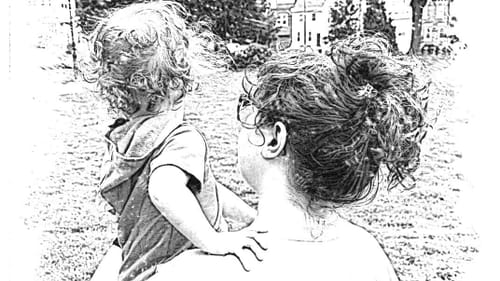Photo of Jill holding her toddler, seen from behind with similar curly hair, photo filtered to look like a graphite drawing.